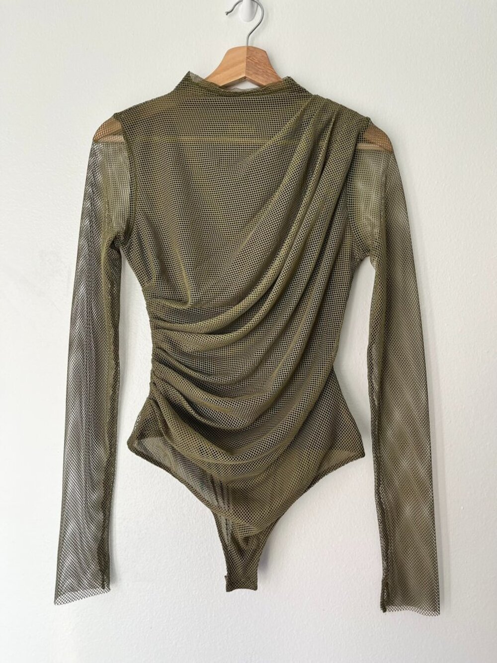 Free People Intimately On My Way Bodysuit Army Green Mesh Long Sleeve - Size S
